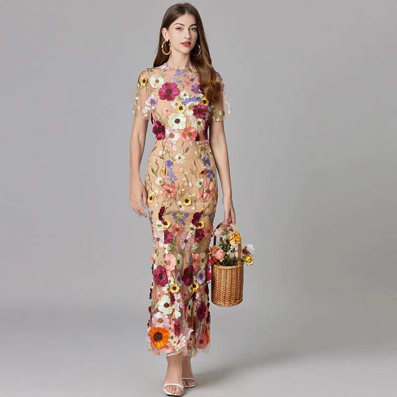 Women's Floral Mesh Maxi Evening Dress