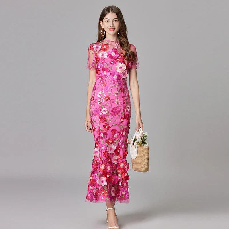 Women's Floral Mesh Maxi Evening Dress