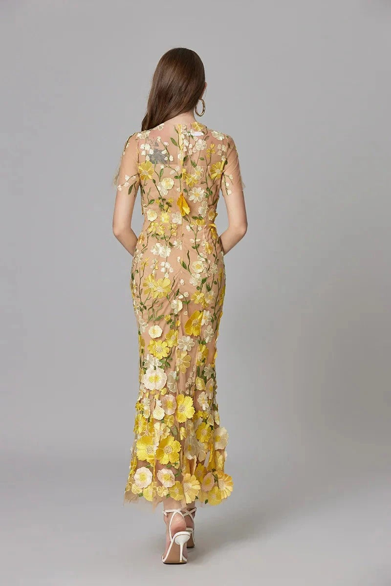 Women's Floral Mesh Maxi Evening Dress
