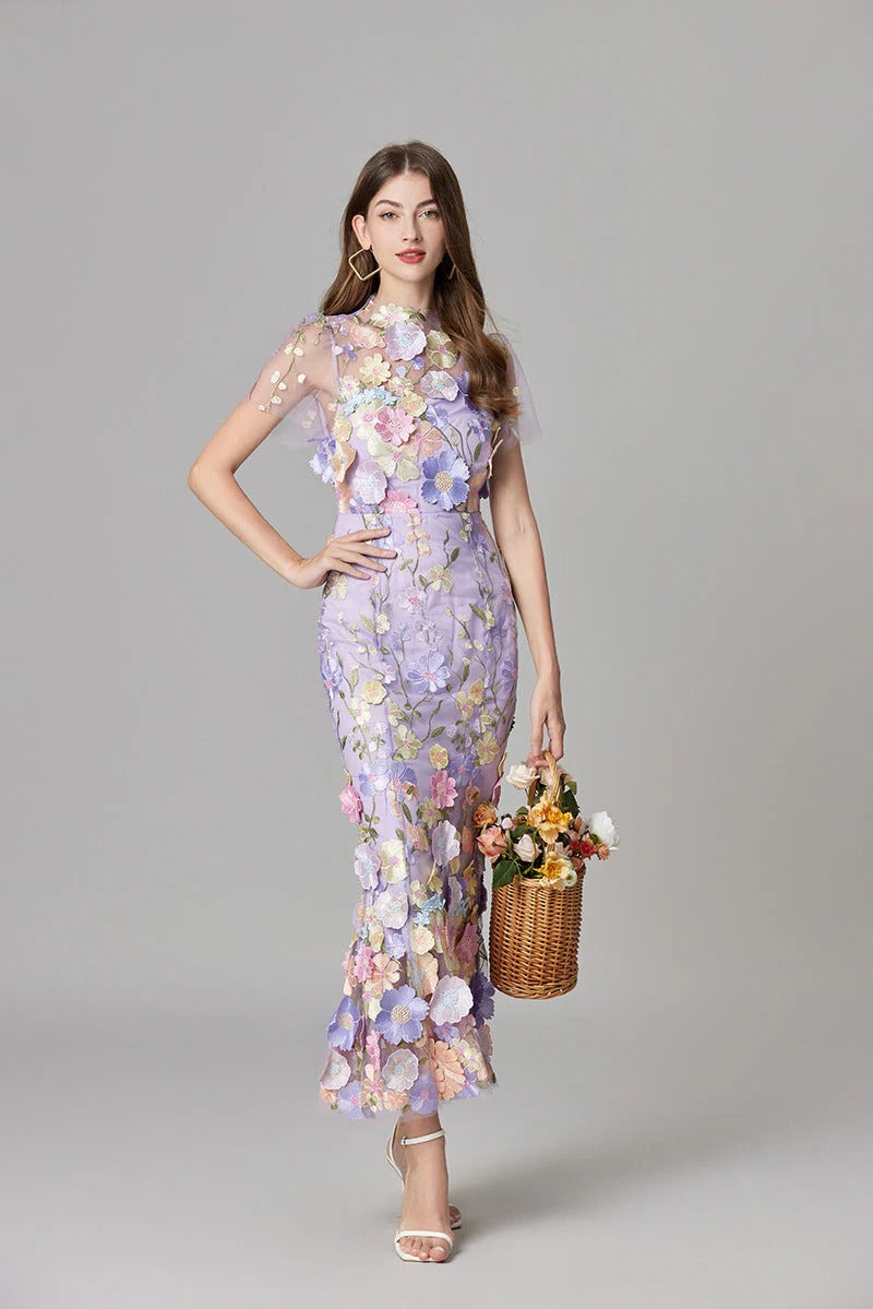 Women's Floral Mesh Maxi Evening Dress