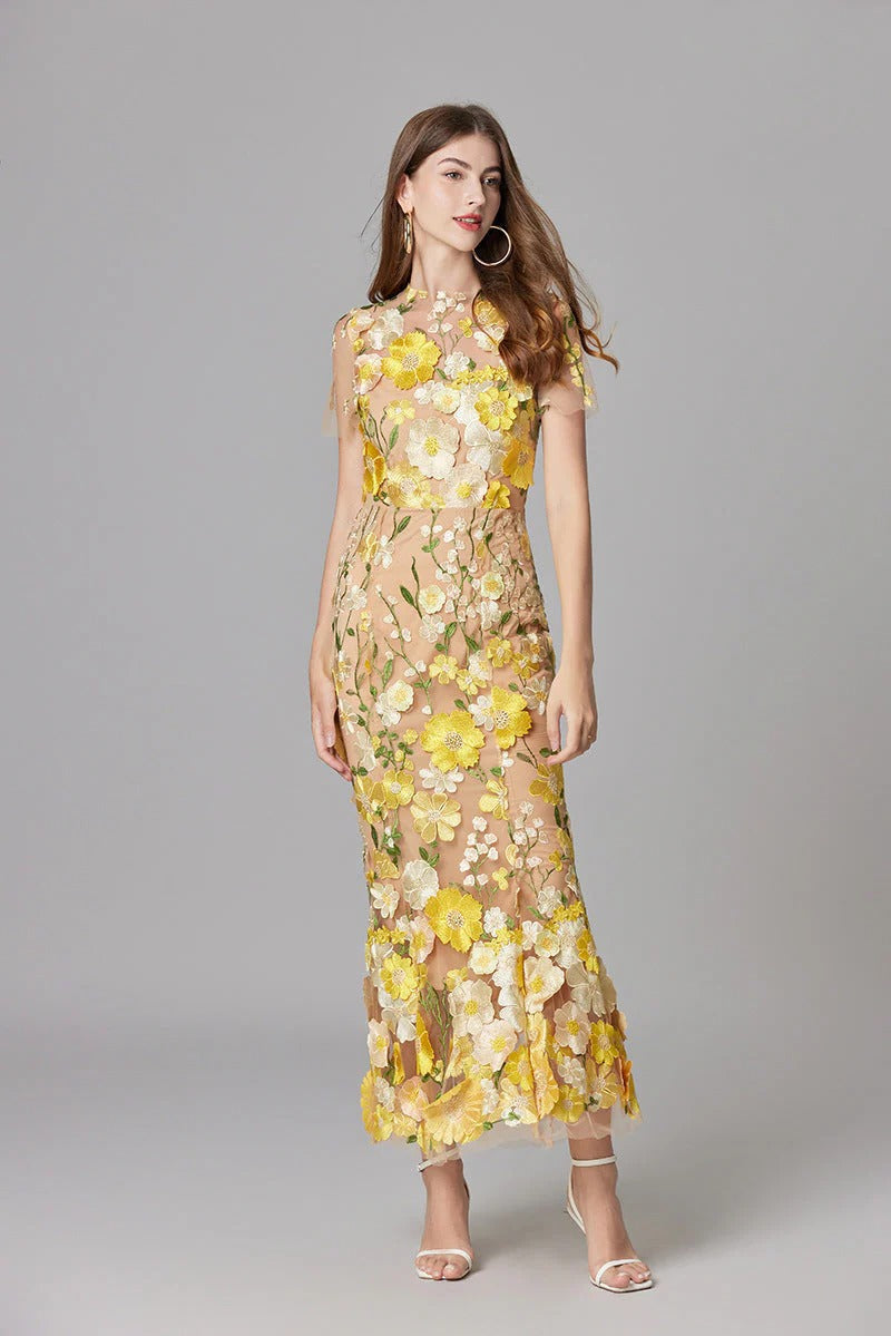 Women's Floral Mesh Maxi Evening Dress