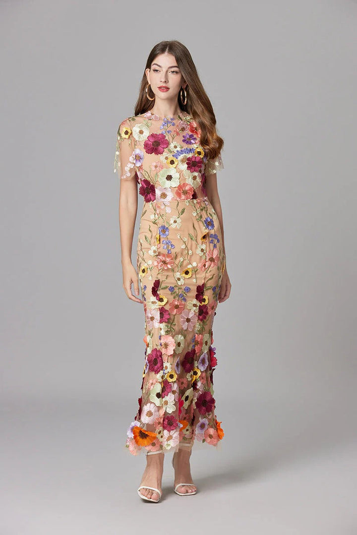 Women's Floral Mesh Maxi Evening Dress