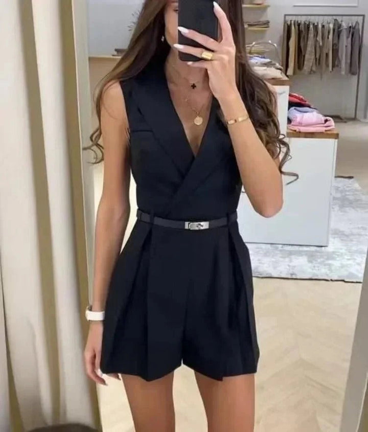 Women's Classic Sleeveless V-Neck Belted Jumpsuit Outfit-The Yellow Prime