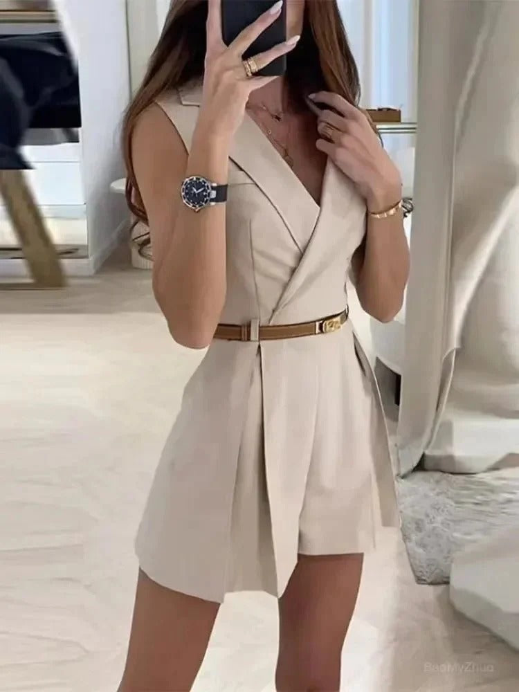 Women's Classic Sleeveless V-Neck Belted Jumpsuit Outfit-The Yellow Prime