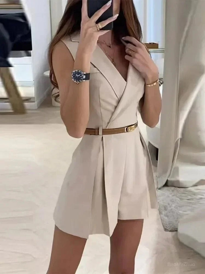 Women's Classic Sleeveless V-Neck Belted Jumpsuit Outfit-The Yellow Prime