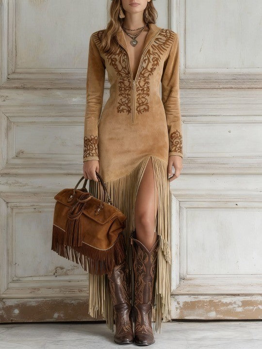 Rosalina | Women's Suede Fringe Maxi Dress for Summer-The Yellow Prime