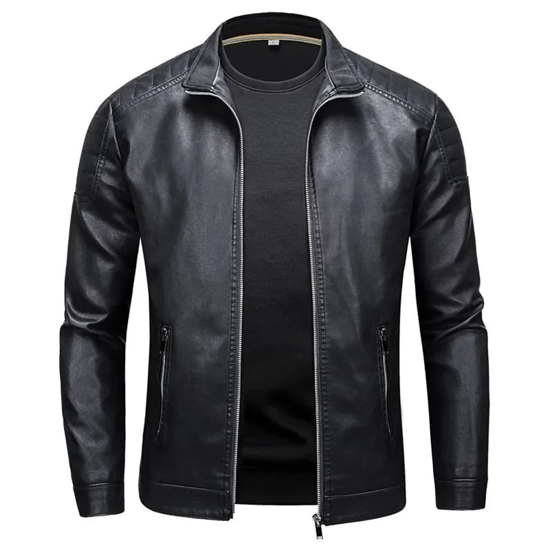 Chaqueta motera de cuero para hombre con cuello alto