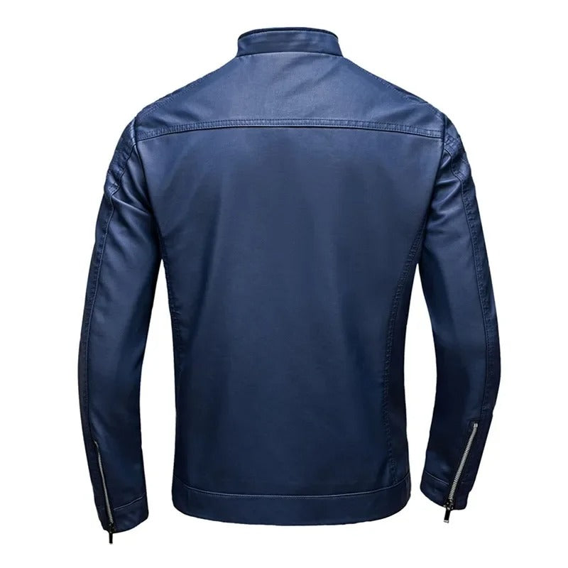 Chaqueta motera de cuero para hombre con cuello alto