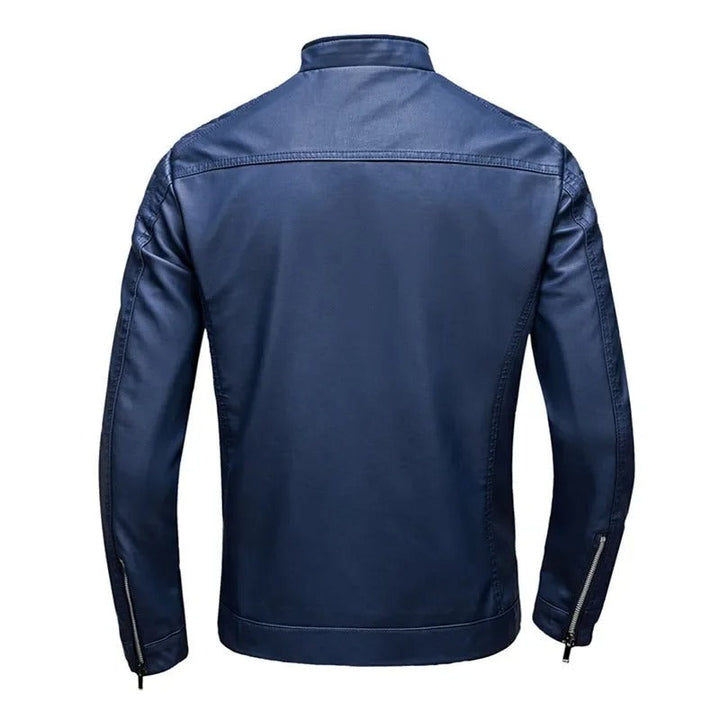 Chaqueta motera de cuero para hombre con cuello alto