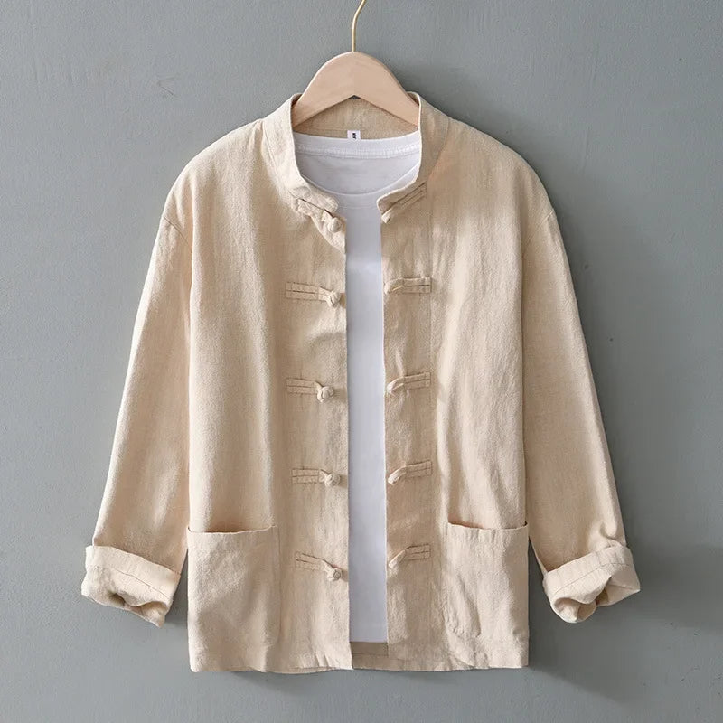 Men's Cotton-Linen Mandarin Collar Shirt-The Yellow Prime