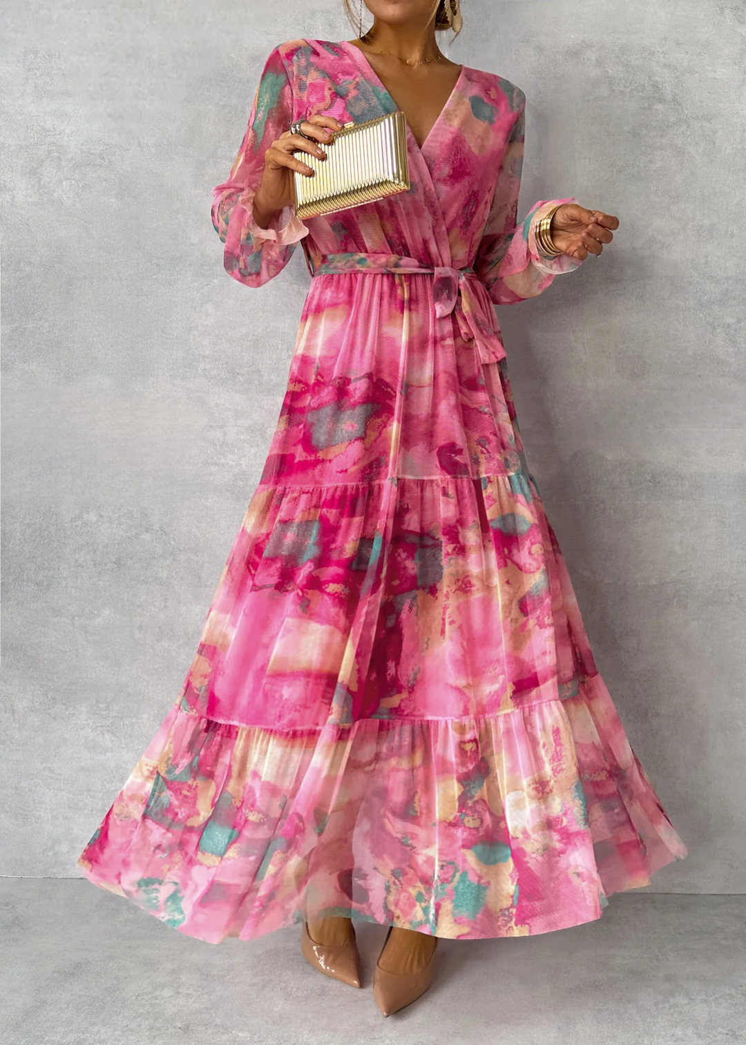 Women's Soft Pink Long Sleeve Maxi Dress for Elegant Occasions-The Yellow Prime