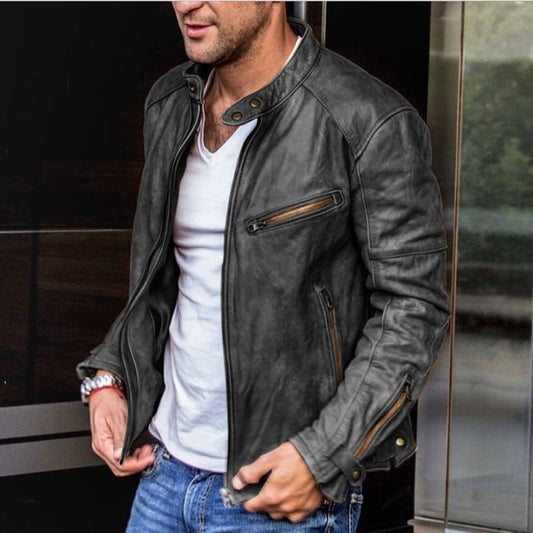 Veste en cuir à col pressionné avec poches zippées pour homme