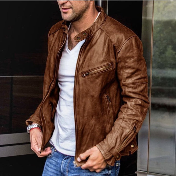 Men's Snap-Collar Leather Jacket with Zipper Pockets