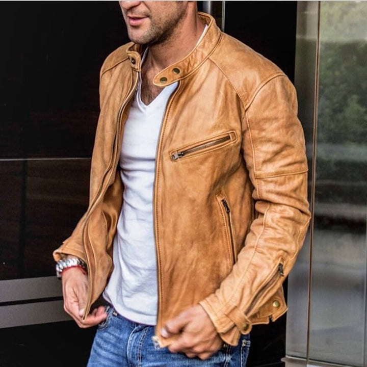 Men's Snap-Collar Leather Jacket with Zipper Pockets