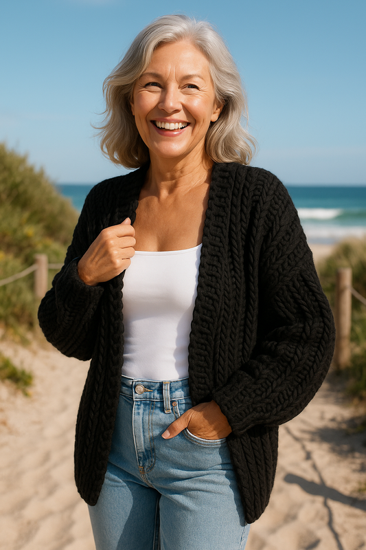 Women's Chunky Knit Cardigan with Cable Design and Open Front