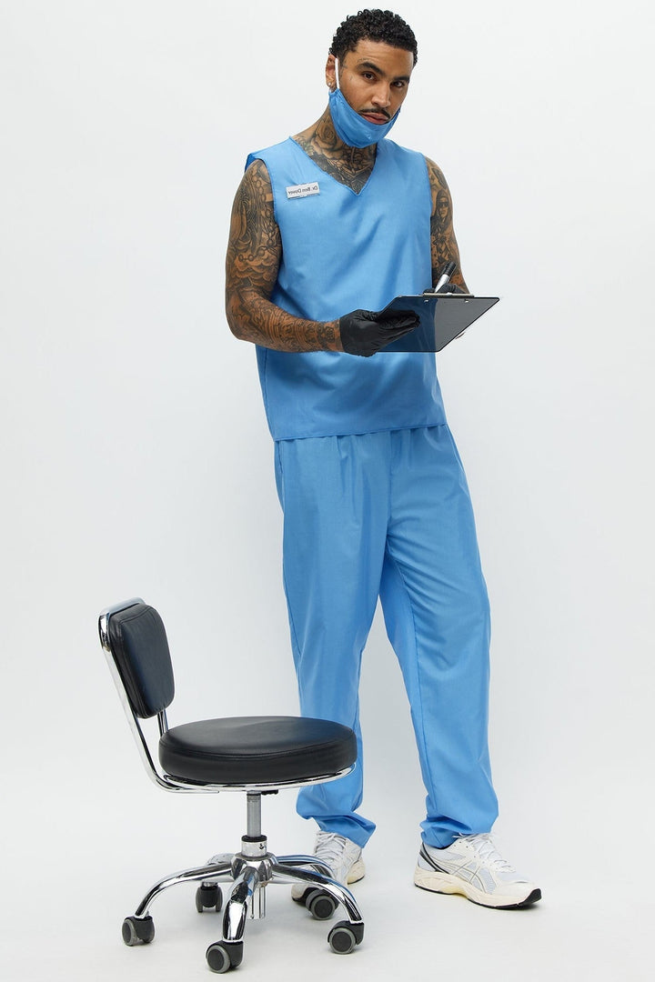 Conjunto de fantasia de uniforme médico azul para homem, com camisola de gola em V