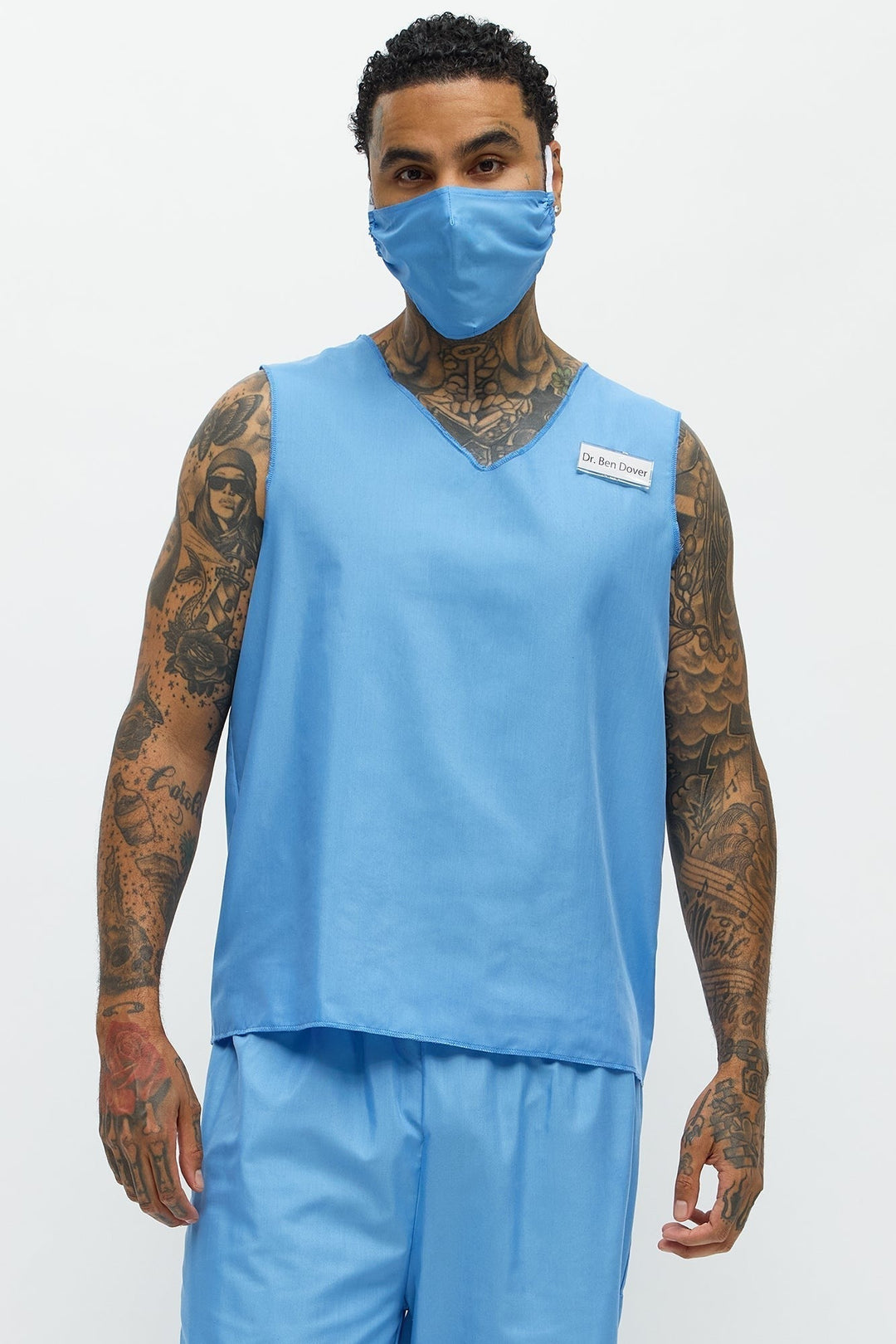 Conjunto de fantasia de uniforme médico azul para homem, com camisola de gola em V