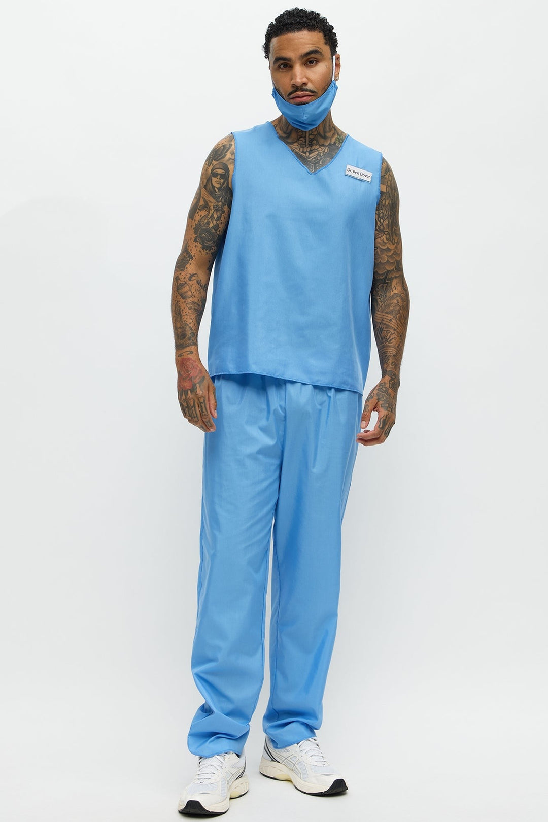 Conjunto de fantasia de uniforme médico azul para homem, com camisola de gola em V