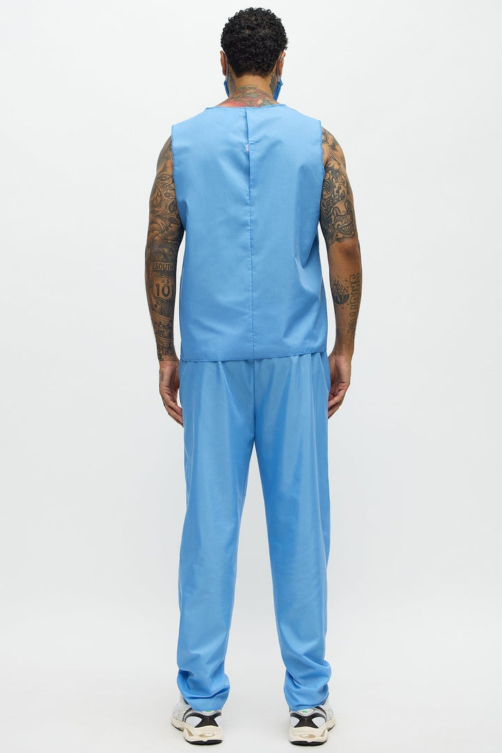 Conjunto de fantasia de uniforme médico azul para homem, com camisola de gola em V