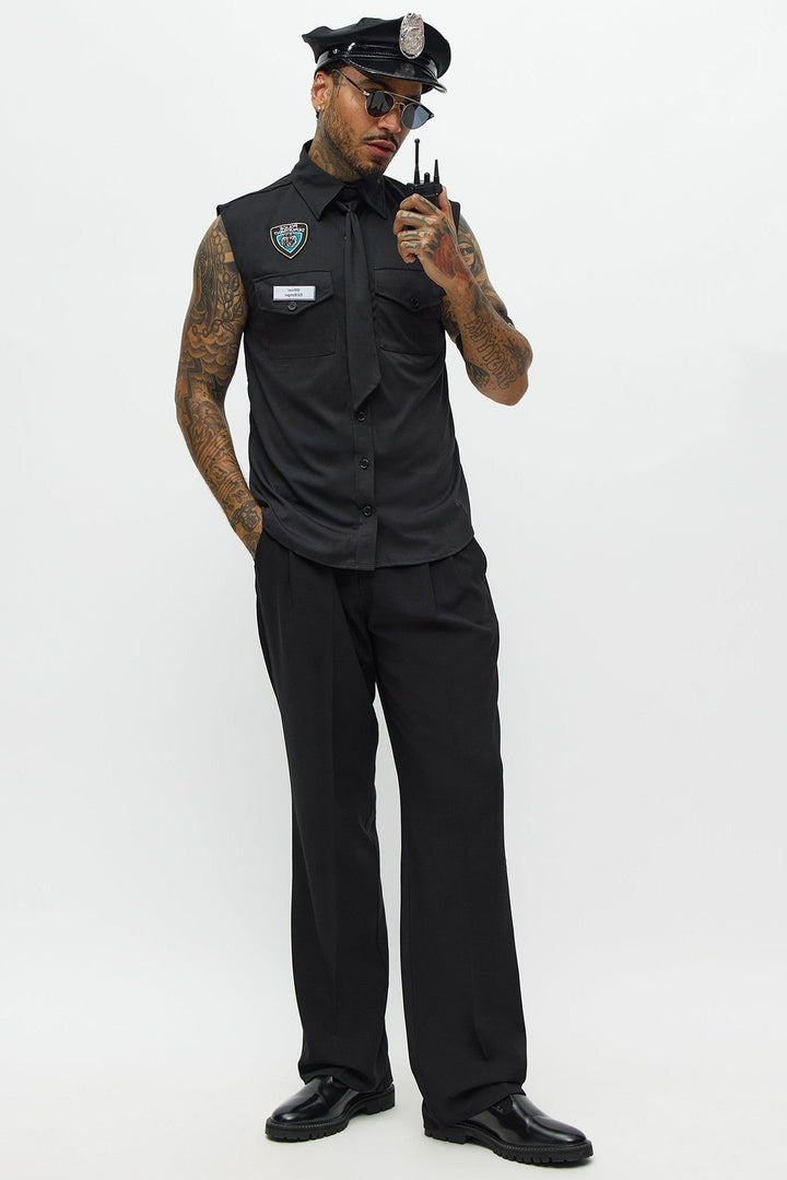 Ensemble chemise et chapeau de costume d'officier noir pour homme d'Halloween