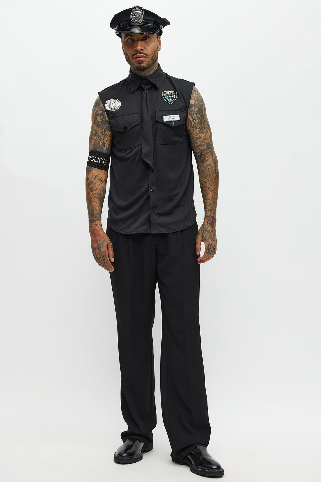 Ensemble chemise et chapeau de costume d'officier noir pour homme d'Halloween