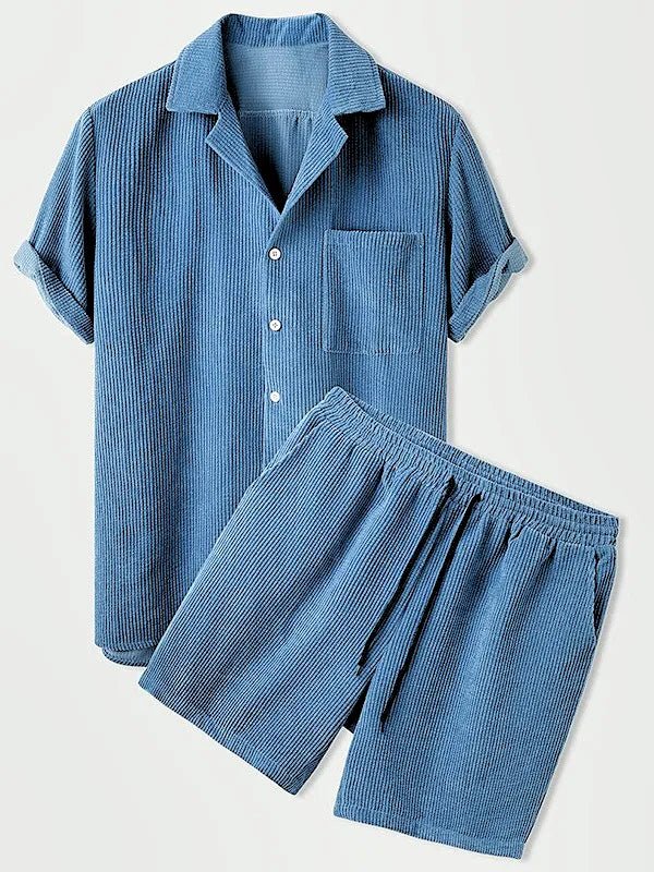 Men's Elegant Ribbed Velvet Set - Short Sleeve Shirt and Matching Shorts-The Yellow Prime