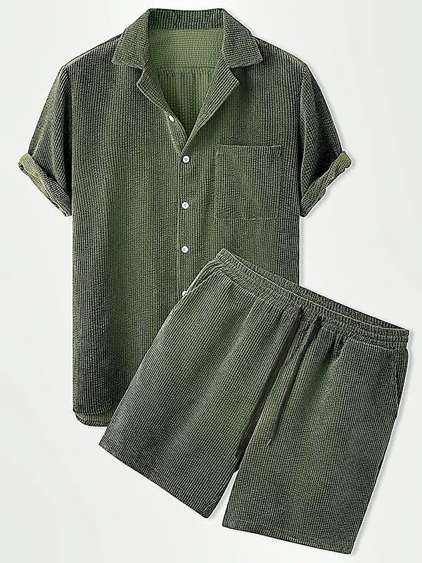Men's Elegant Ribbed Velvet Set - Short Sleeve Shirt and Matching Shorts-The Yellow Prime