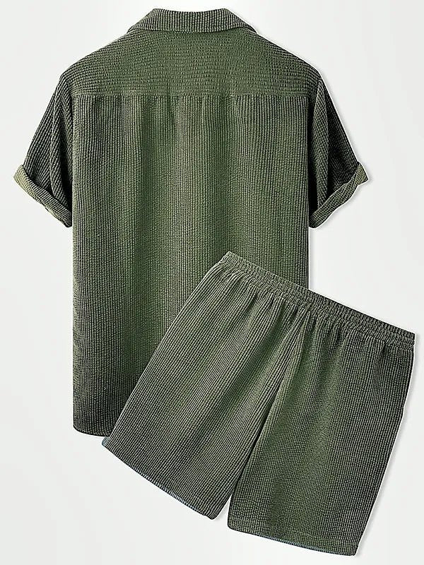 Men's Elegant Ribbed Velvet Set - Short Sleeve Shirt and Matching Shorts-The Yellow Prime