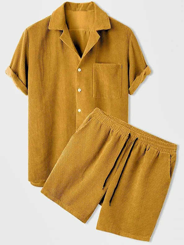 Men's Elegant Ribbed Velvet Set - Short Sleeve Shirt and Matching Shorts-The Yellow Prime