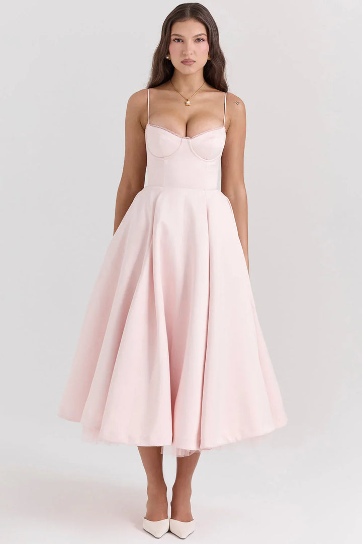 Women's Elegant Midi Dress with Fit-and-Flare Design and Tulle Hem-The Yellow Prime