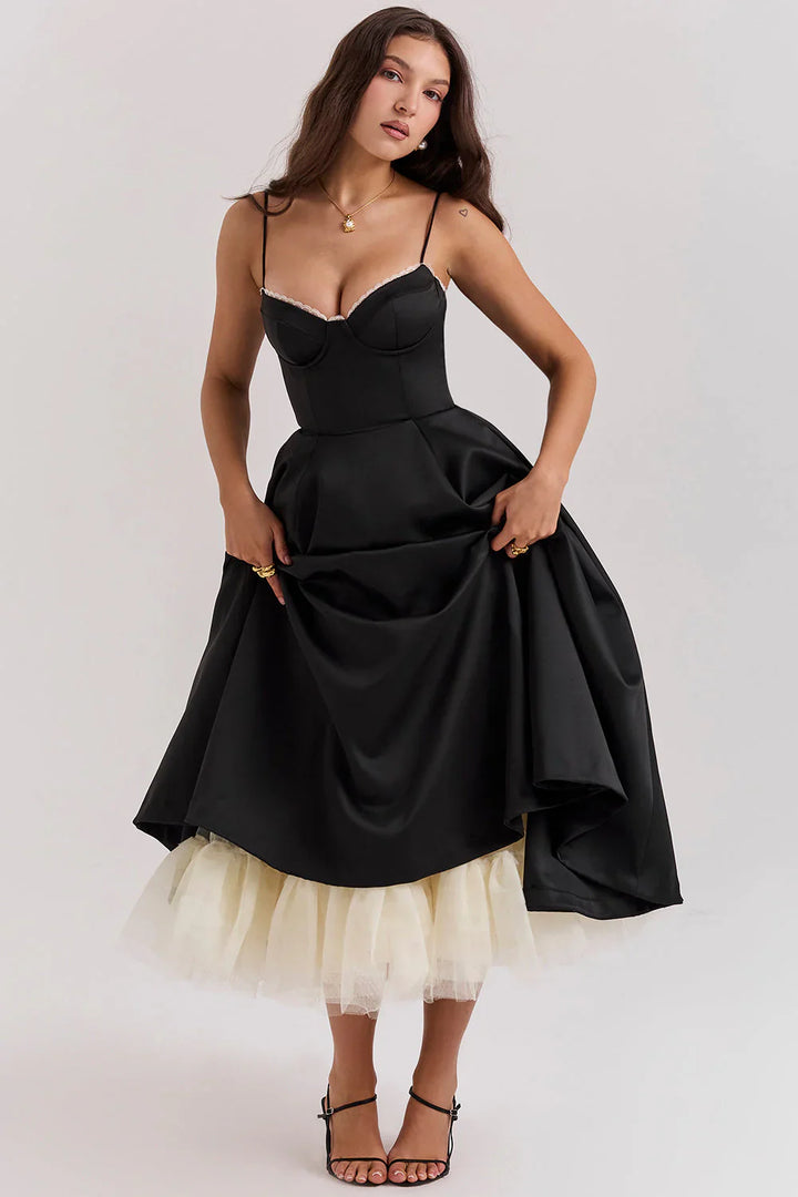 Women's Elegant Midi Dress with Fit-and-Flare Design and Tulle Hem-The Yellow Prime