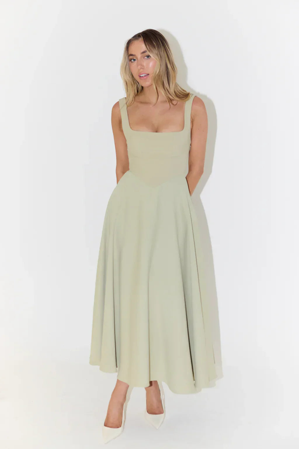 Women's High Waist Midi Dress with Square Neckline-The Yellow Prime