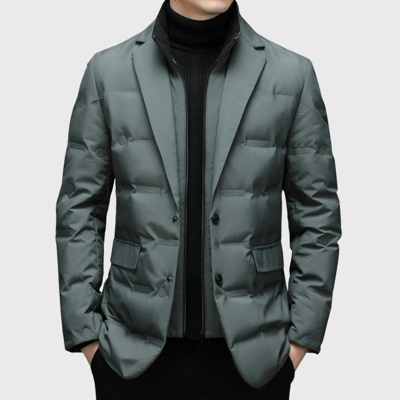 Blazer cortavientos acolchado de plumón de pato para hombre con solapa de muesca