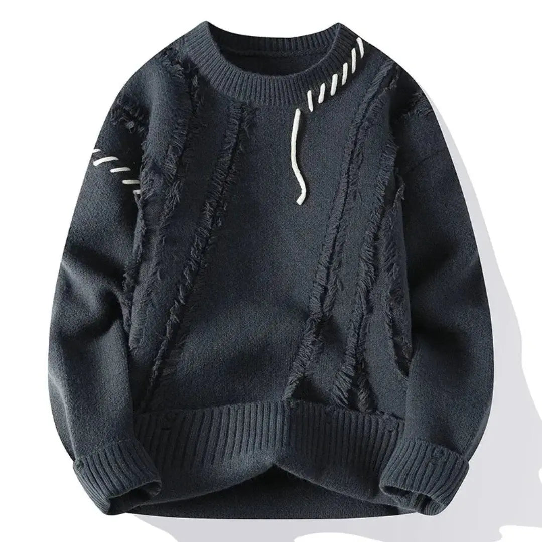Men's Ripped Patchwork Crewneck Sweater – Cozy Fall & Winter Essential