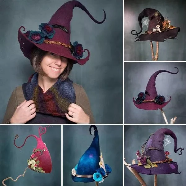 Halloweens heksenhoed met merinowol en met de hand geverfde zijden accenten