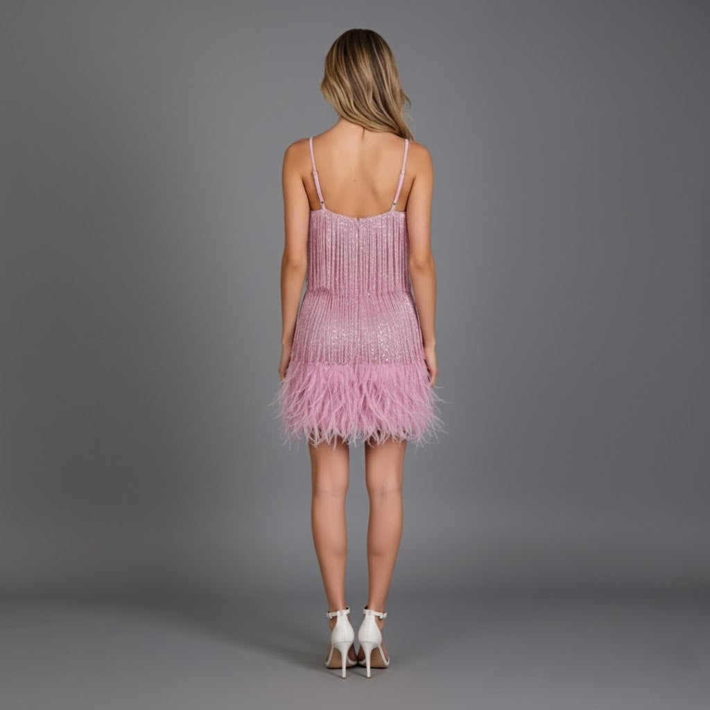 Donatella | Women's Mini Party Dress with Fringes and Feathers-The Yellow Prime