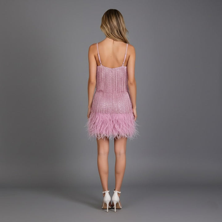 Donatella | Women's Mini Party Dress with Fringes and Feathers-The Yellow Prime