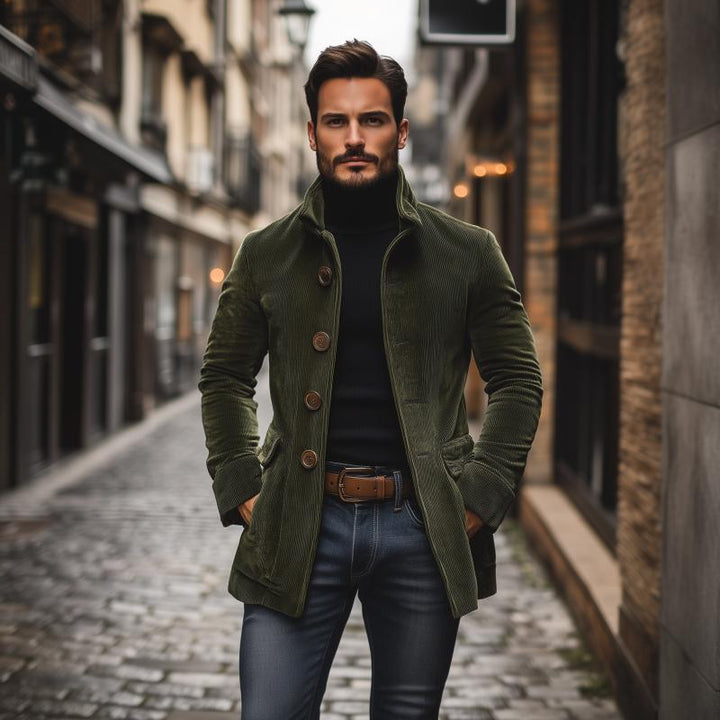 Men's Autumn Corduroy Coat with Mandarin Collar and Button Closure