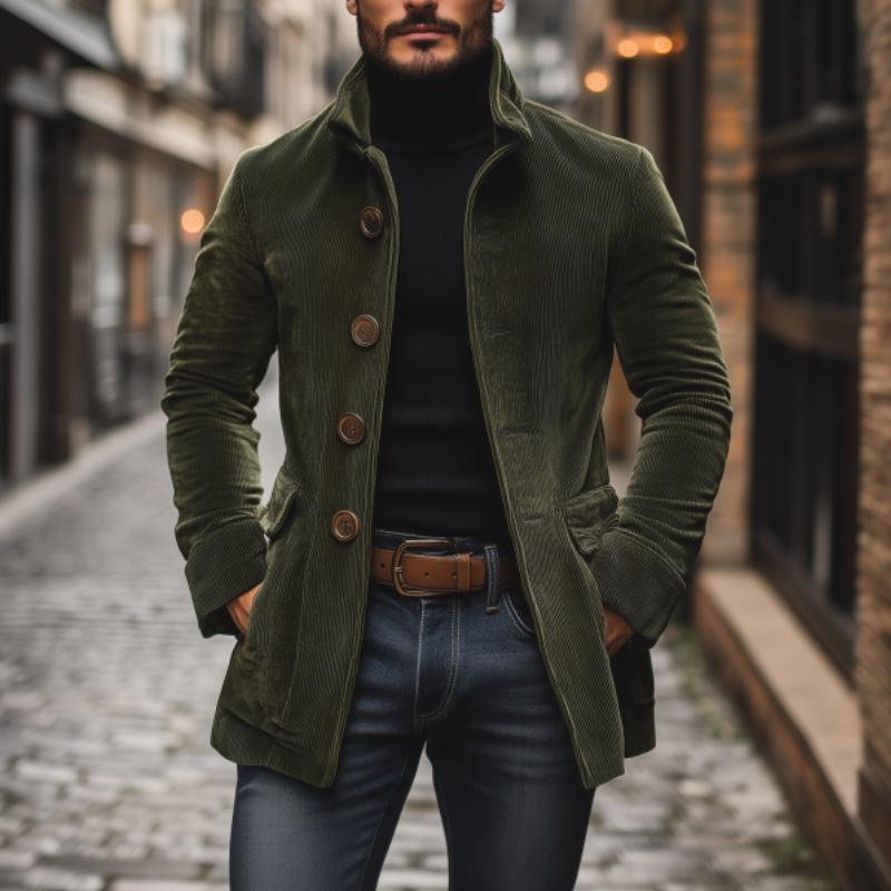 Men's Autumn Corduroy Coat with Mandarin Collar and Button Closure
