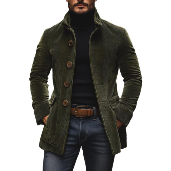 Men's Autumn Corduroy Coat with Mandarin Collar and Button Closure