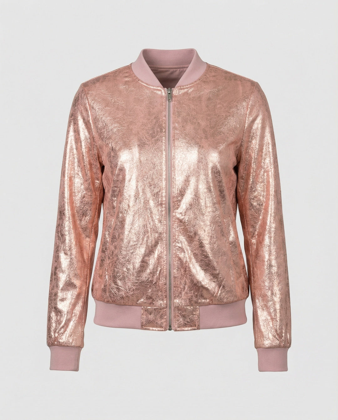Chaqueta bomber brillante para mujer con cierre de cremallera