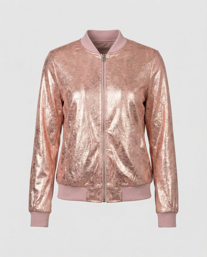 Chaqueta bomber brillante para mujer con cierre de cremallera