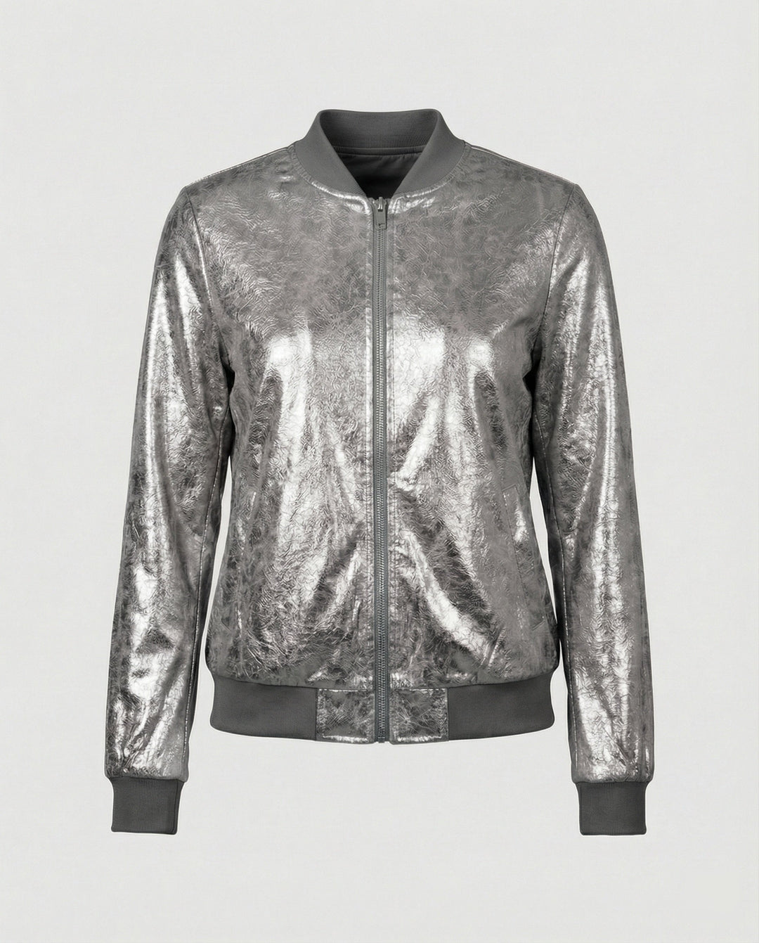 Chaqueta bomber brillante para mujer con cierre de cremallera