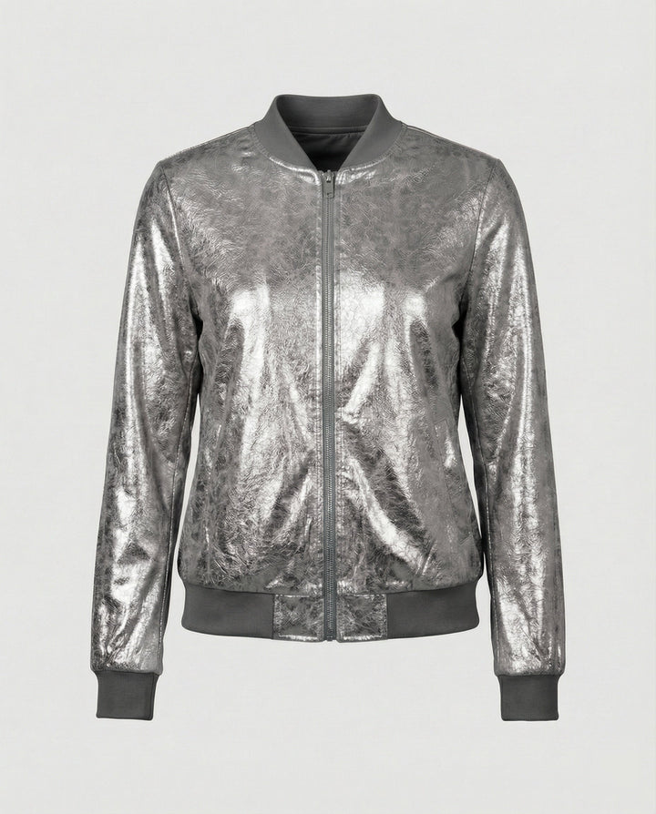 Chaqueta bomber brillante para mujer con cierre de cremallera