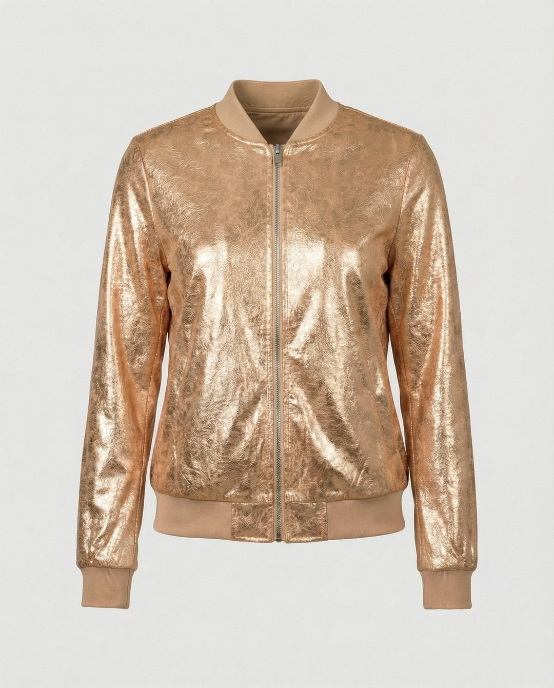 Chaqueta bomber brillante para mujer con cierre de cremallera