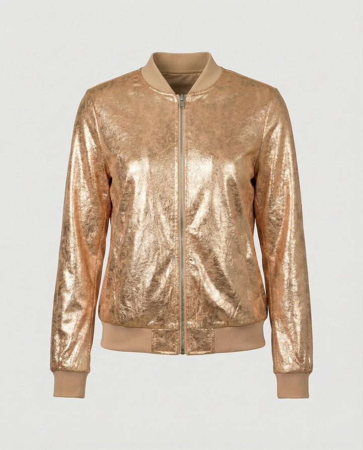 Chaqueta bomber brillante para mujer con cierre de cremallera
