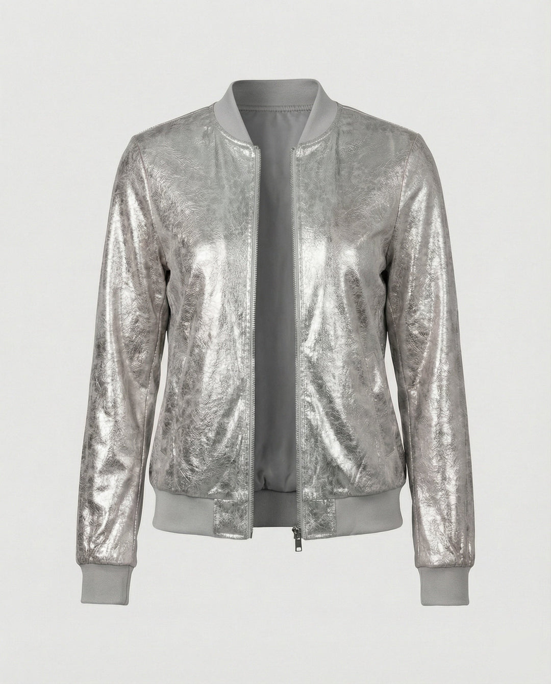 Chaqueta bomber brillante para mujer con cierre de cremallera