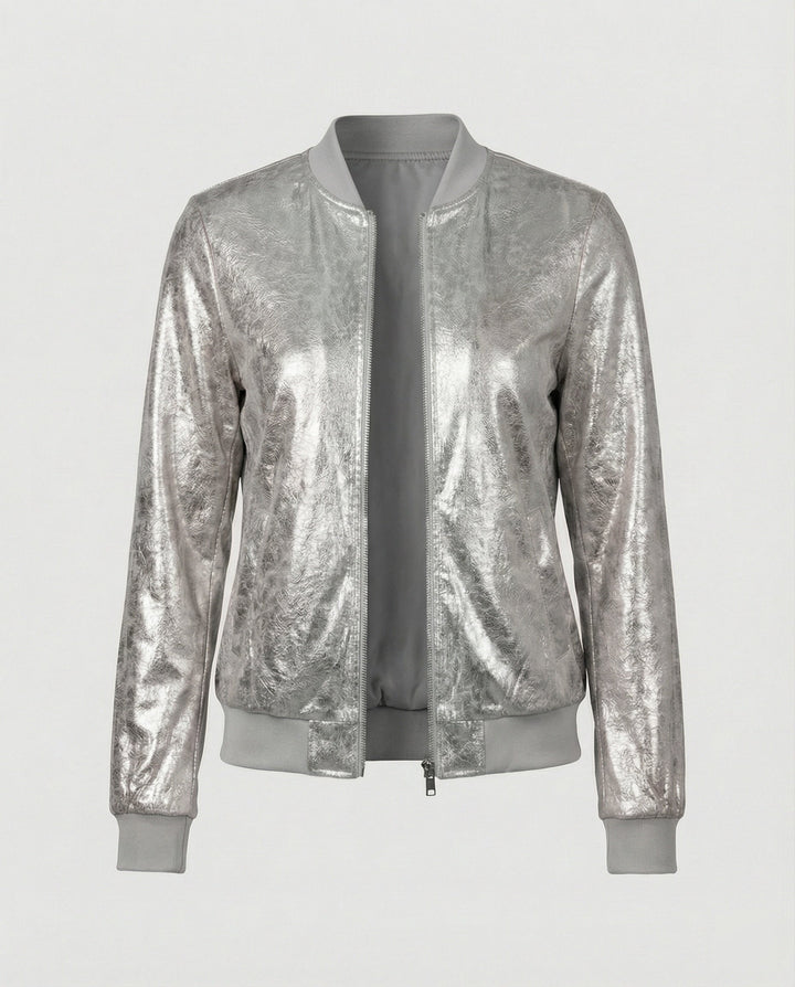Chaqueta bomber brillante para mujer con cierre de cremallera