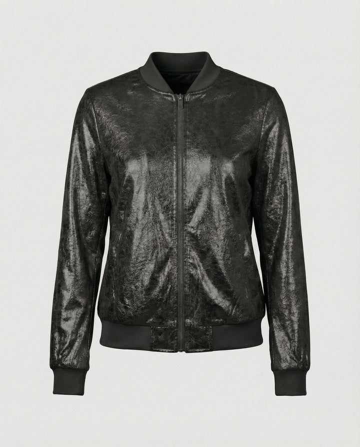 Chaqueta bomber brillante para mujer con cierre de cremallera