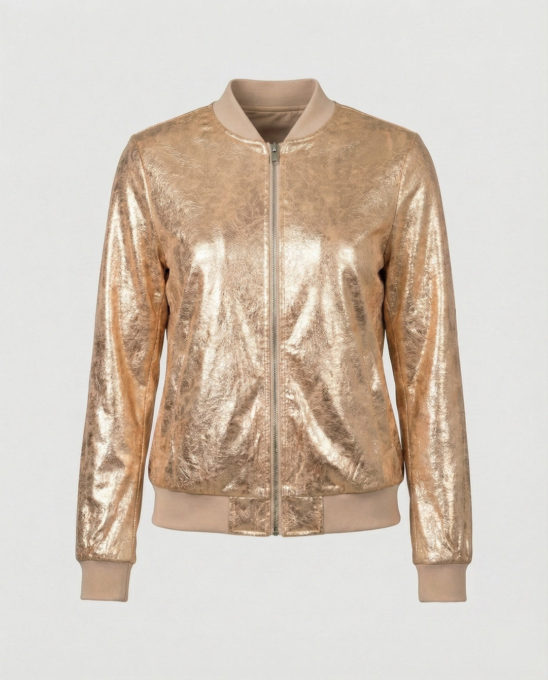 Chaqueta bomber brillante para mujer con cierre de cremallera